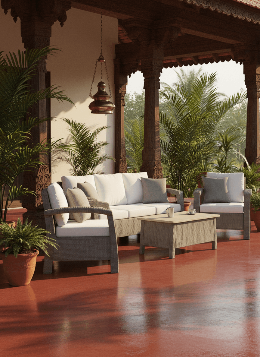 Srikamal Patio Sofa styled on a sunlit veranda